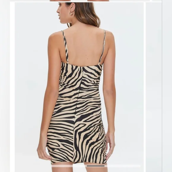 NWT FOREVER21 Zebra Print Shirred Strappy Mini Dress | SZ L - Picture 2 of 10